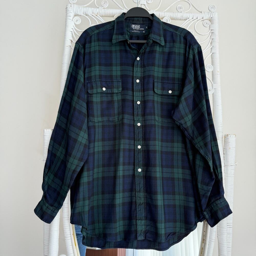 Ralph Lauren Shirt Mens Large Green Blue Tartan Blackwatch Silk Flannel USA Made